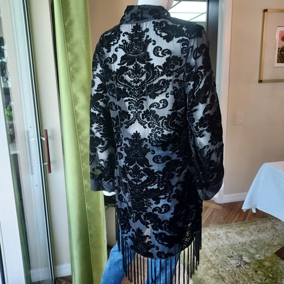 Soft Surroundings Velvet Lace Burnout Kimono with Fringed Hem and Tie Waist. - Picture 9 of 15